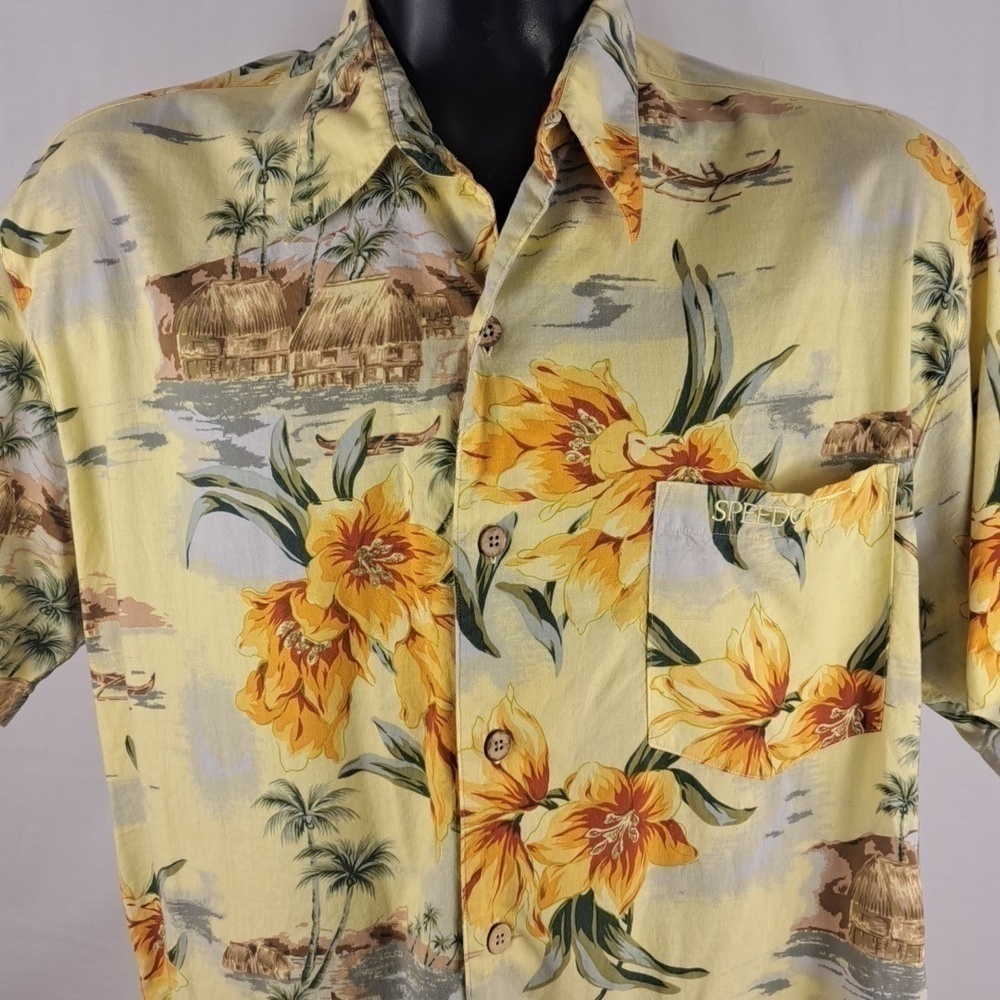 Vintage Speedo Hawaiian style floral yellow casual summer LG button-up shirt